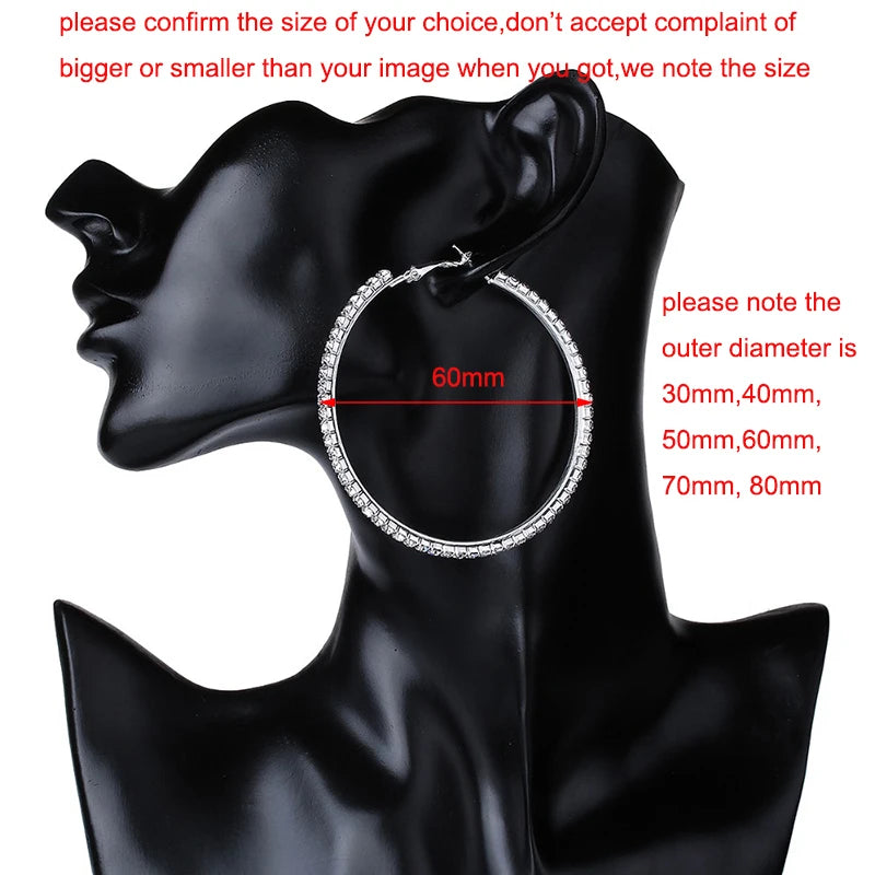 Grandes Boucles Créoles 30-80mm | Cristal Strass Cercle | Noir Or Argent | Femme Fille | Fête Cadeau