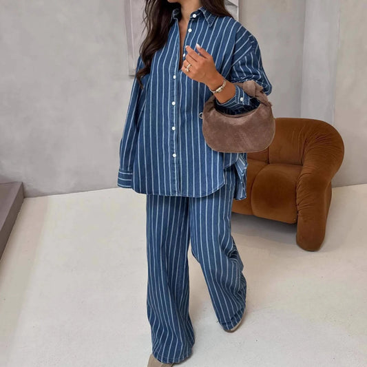 Two-Piece Set Women's Pant Set Turn Down Collar Shirt Striped Wide Leg Long Pants High Waist Y2k Streetwear Casual Loose Work