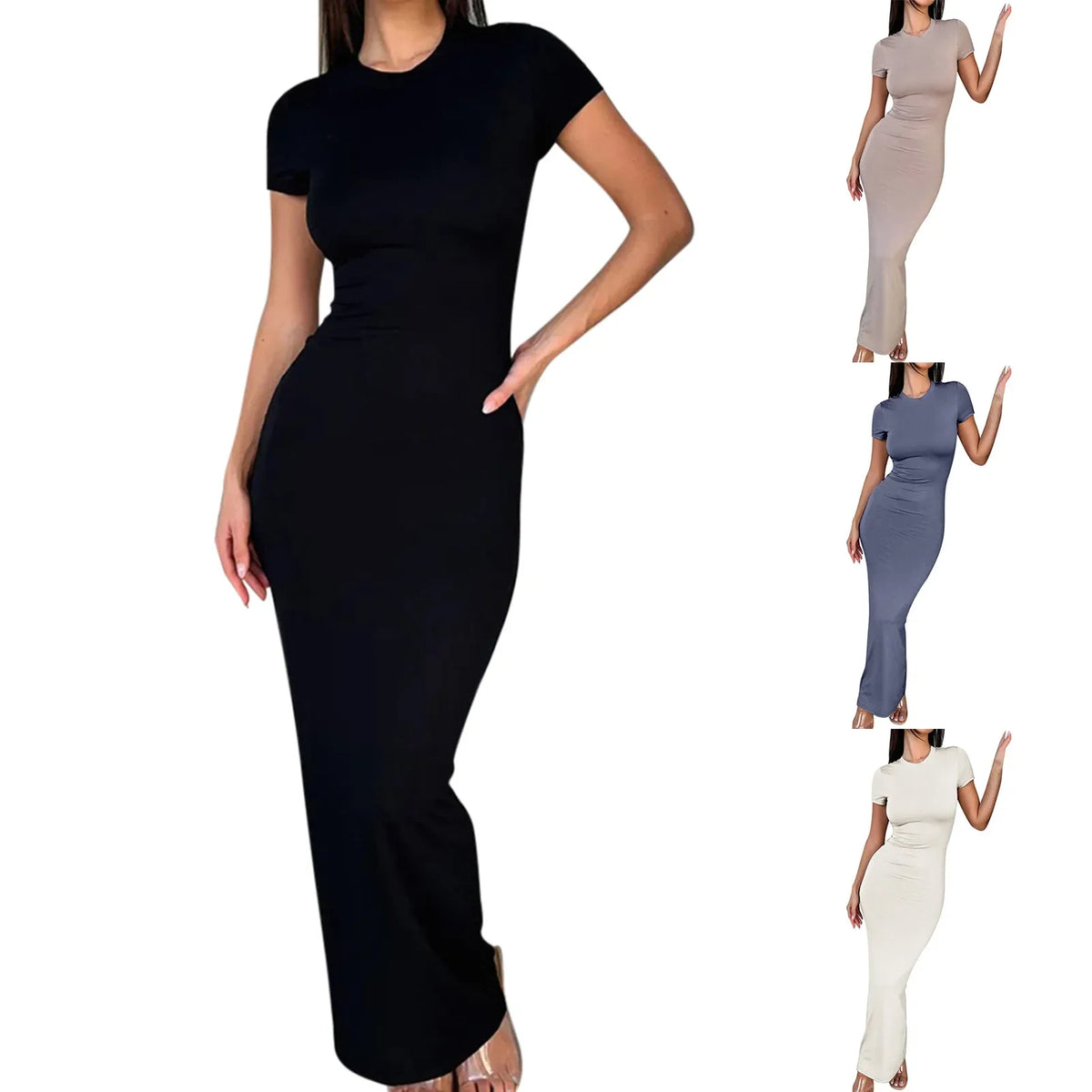 Sexy Skinny Women's Bodycon Party Dress Fashion O-neck Short Sleeve Solid Color Wrapped Hip Package Long Dress Female Sexy Dress