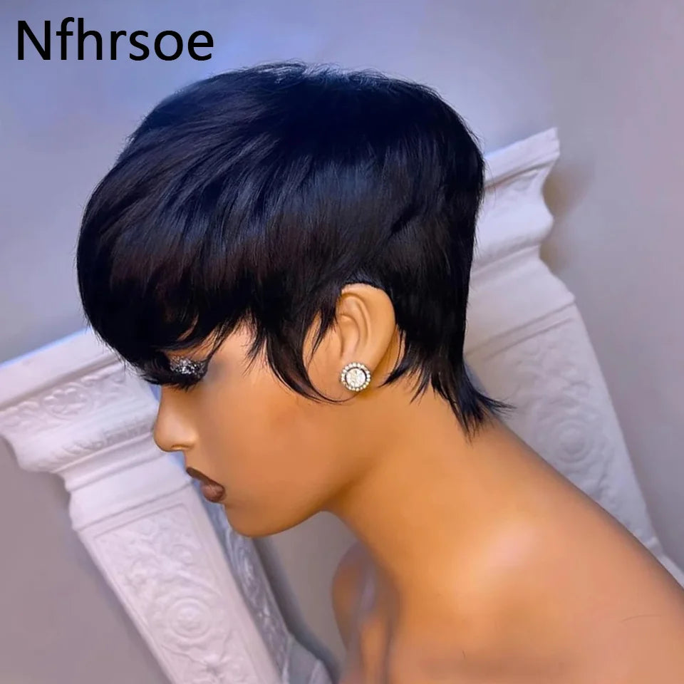 Short Straight Bob Wig Pixie Cut Wigs Human Hair For Black Women With Bangs Brazilian Virgin Hair Non Lace Front Cheap Wig Black