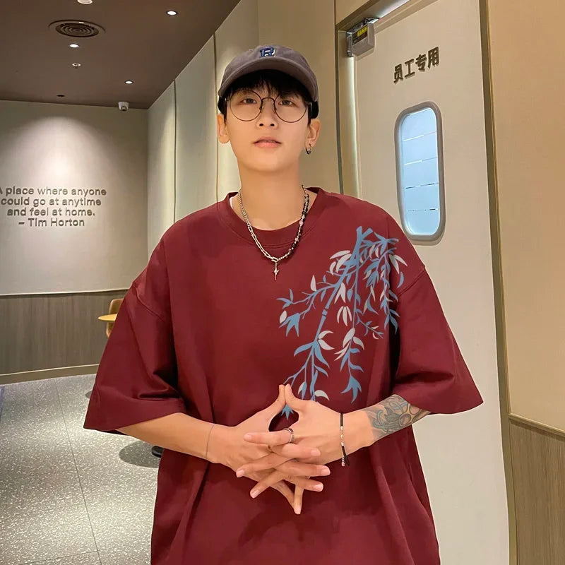 T-Shirt Homme Oversize Coton | Blanc | Imprimé Bambou | Jusqu'au 5XL | Casual Été Mode