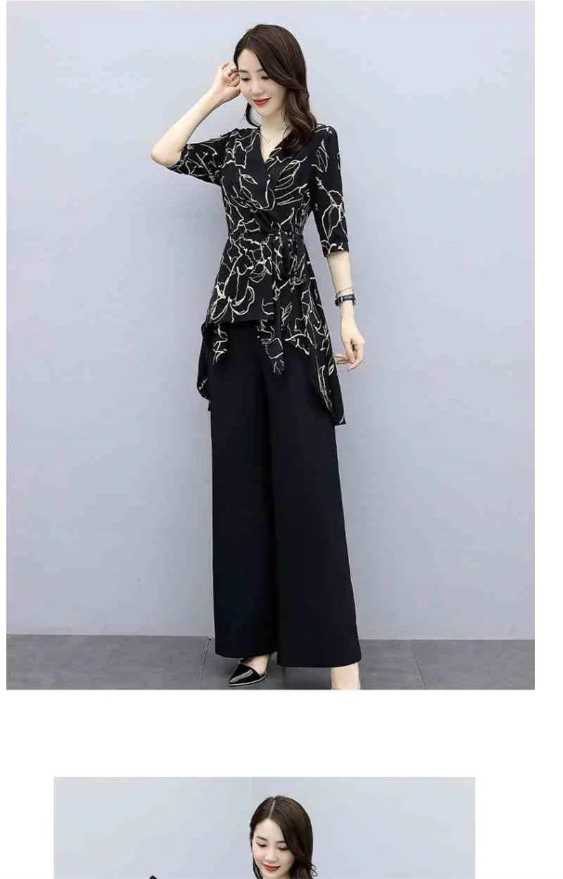 Ensemble 2 Pièces Femme Casual Imprimé | Top Manches Courtes & Pantalon Large | Été Blanc | Jusqu'au 4XL