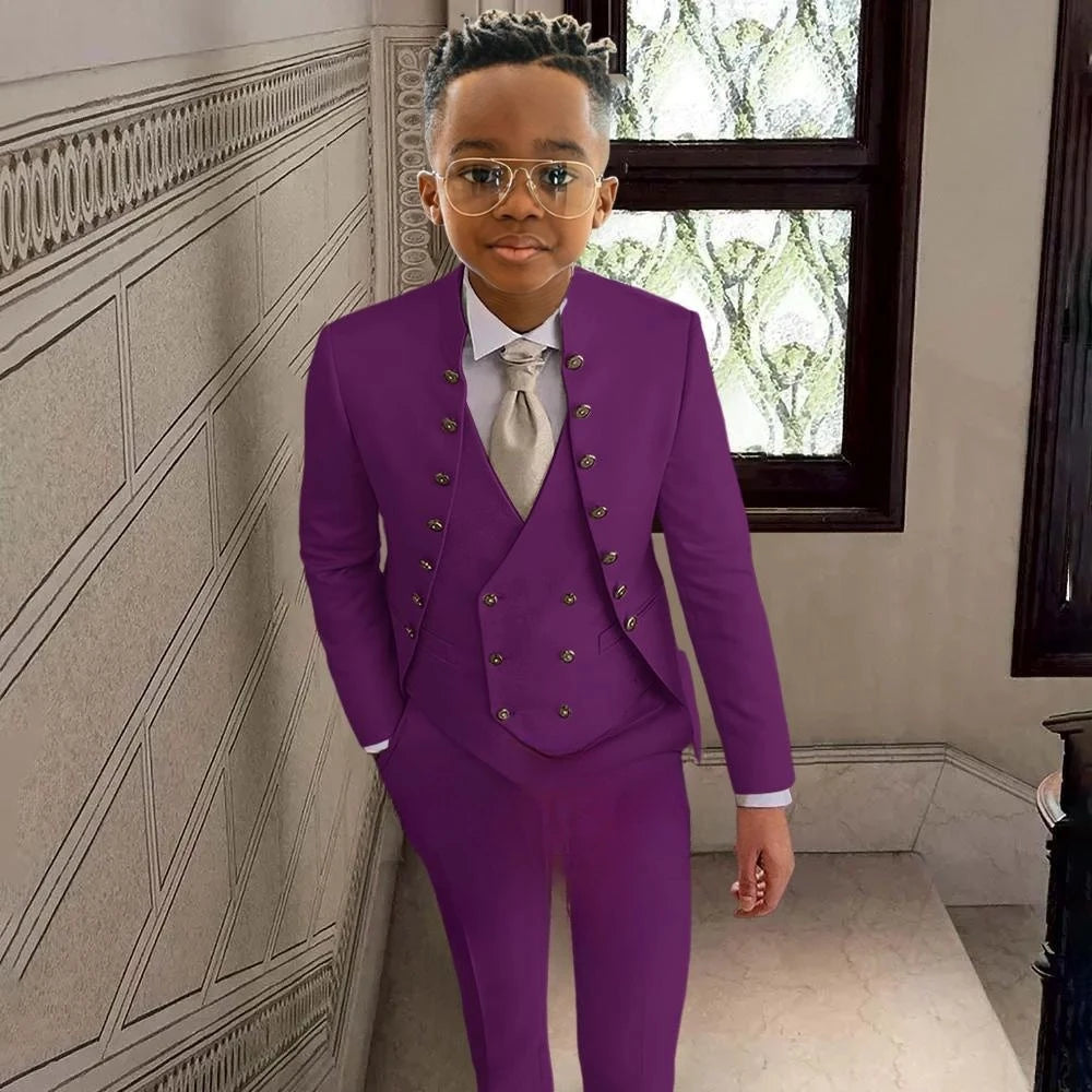 Fashionable Kids Stand-up Collar Suits 3 Pieces Jacket Vest Pants Performance Outfit Comfortable Boys Tuxedo Wedding Guest Wear