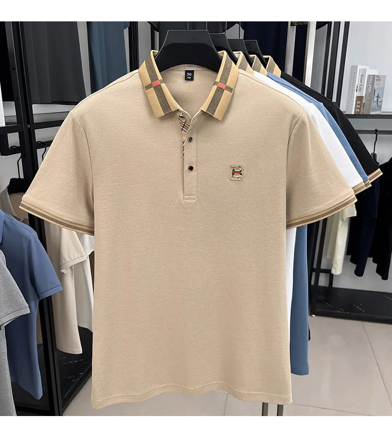 Luxury brand logo short-sleeved polo shirt for men's summer new high-end silk-cotton breathable casual fashion T-shirt clothing