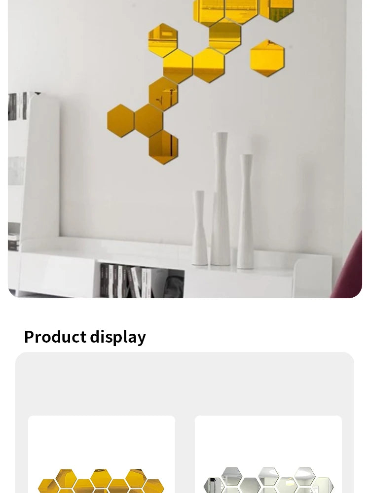 Hexagonal Mirror Wall Decals | Self-Adhesive 3D Acrylic Decorative Mirrors | Creative Wall Decals for Living Rooms and Bedrooms