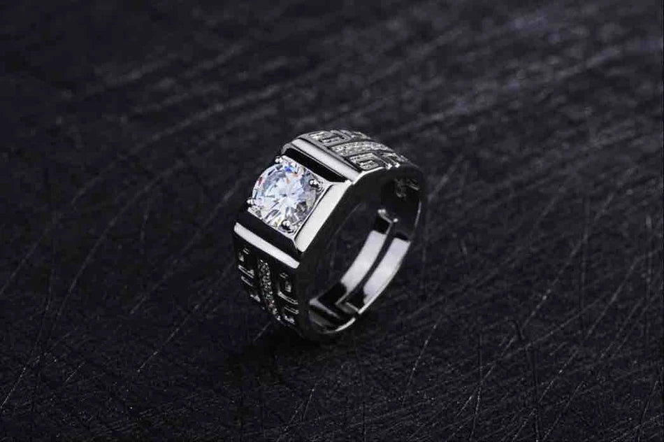 Bague Argent 925 Cristal Brillant Ajustable | Fiançailles Mariage | Bijou Homme Cadeau