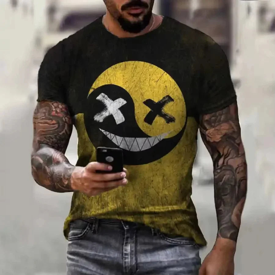 2026 New Oversized T-Shirt for Men, Casual Short Sleeve Hip Hop Smiling Face Print, Plus Size Tee Shirt Pullover, Men's T-Shirt Top