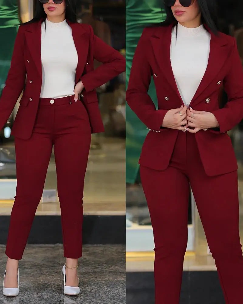 Pants Sets Two Piece Women Cardigan Blazer Double Breasted Slim Fit Pencil Pants Pockets Solid Casual Suits Outwear Spring 2025