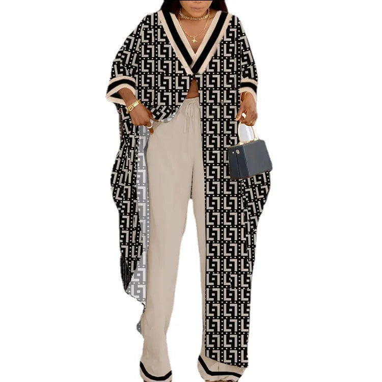 Plus Size Two-piece Set Women's Outfits Elegant V-neck Button-up Printed Seven-quarter Sleeve Blouse and Drawstring Pants Suit