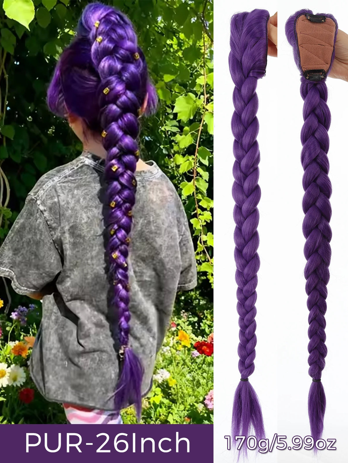 Queue de Cheval Tressée Violette | 32 Pouces | Tinsel Brillant | Extensions Super | Cosplay & Noël | Enfants & Filles