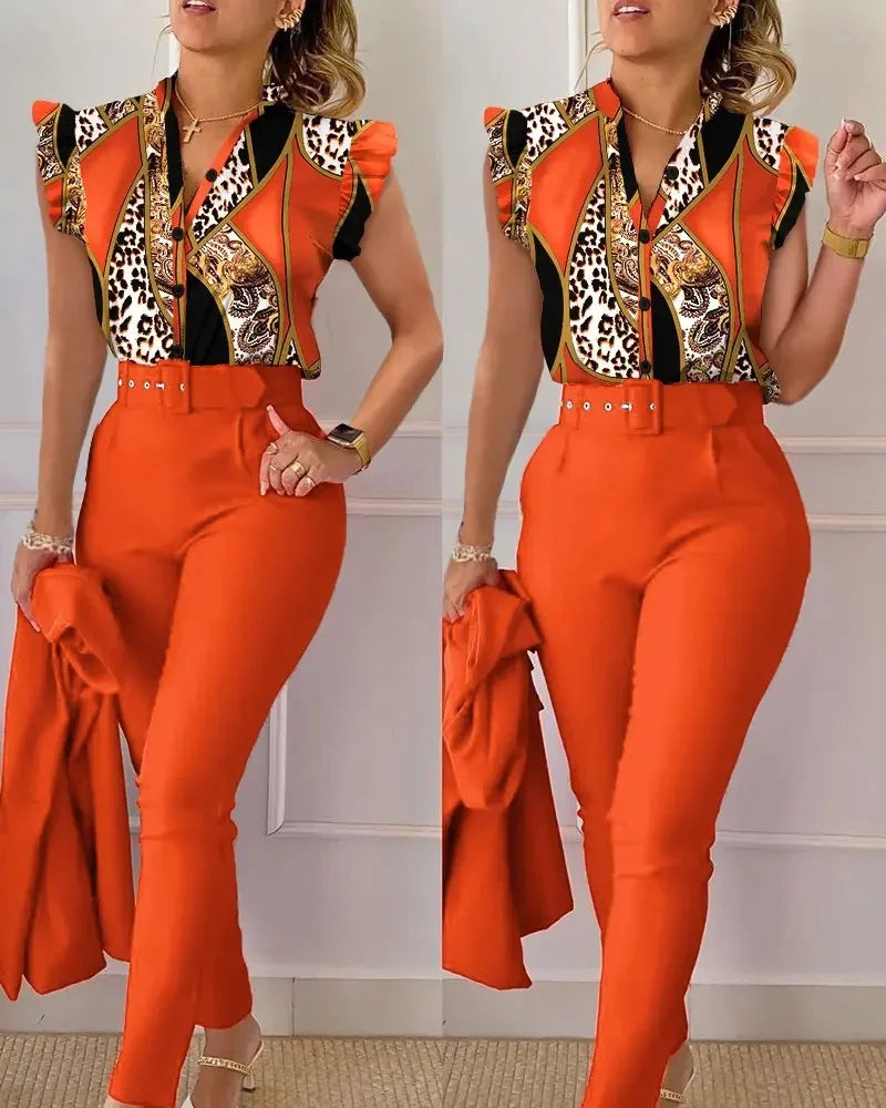 Women's Elegant Slim Two-Piece Sets Summer Fashion Print V Neck Button Flying Sleeve Shirt Top & Solid Long Pants Suits With Belt