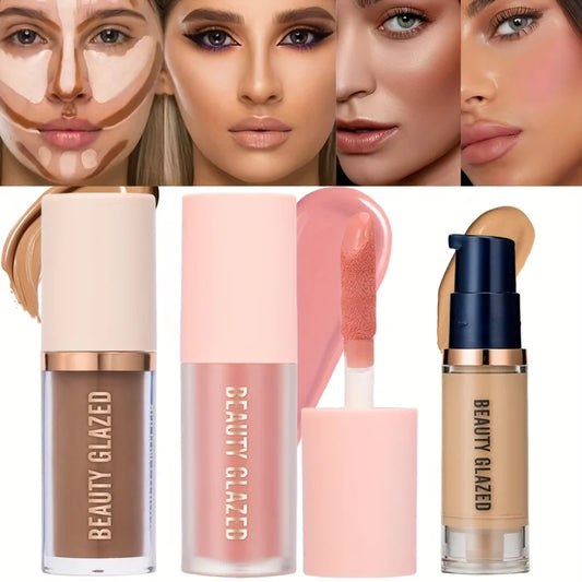 Coffret Maquillage 3 Pièces Longue Tenue | Blush + Contour + Fond de Teint | Fine Texture Waterproof
