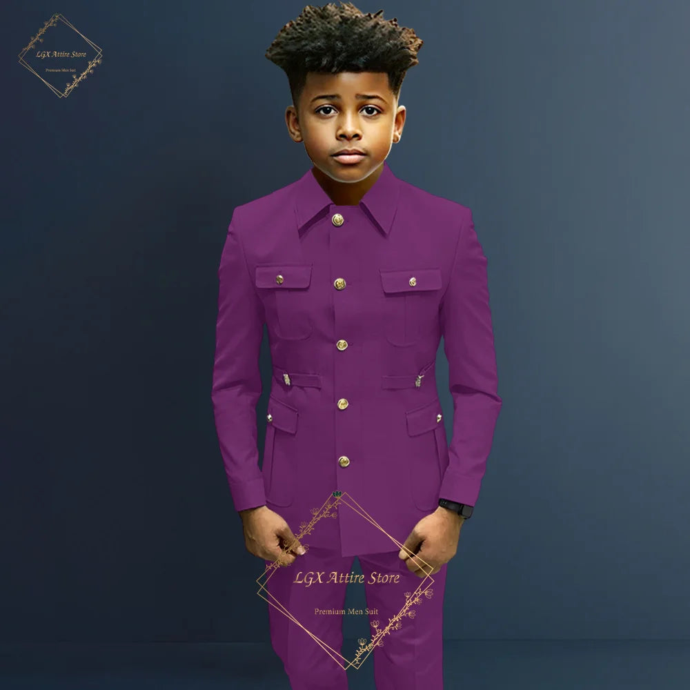 Boys single-breasted formal 2-piece suit, boys Zhongshan suit style long coat classic design suitable for ages 2-16