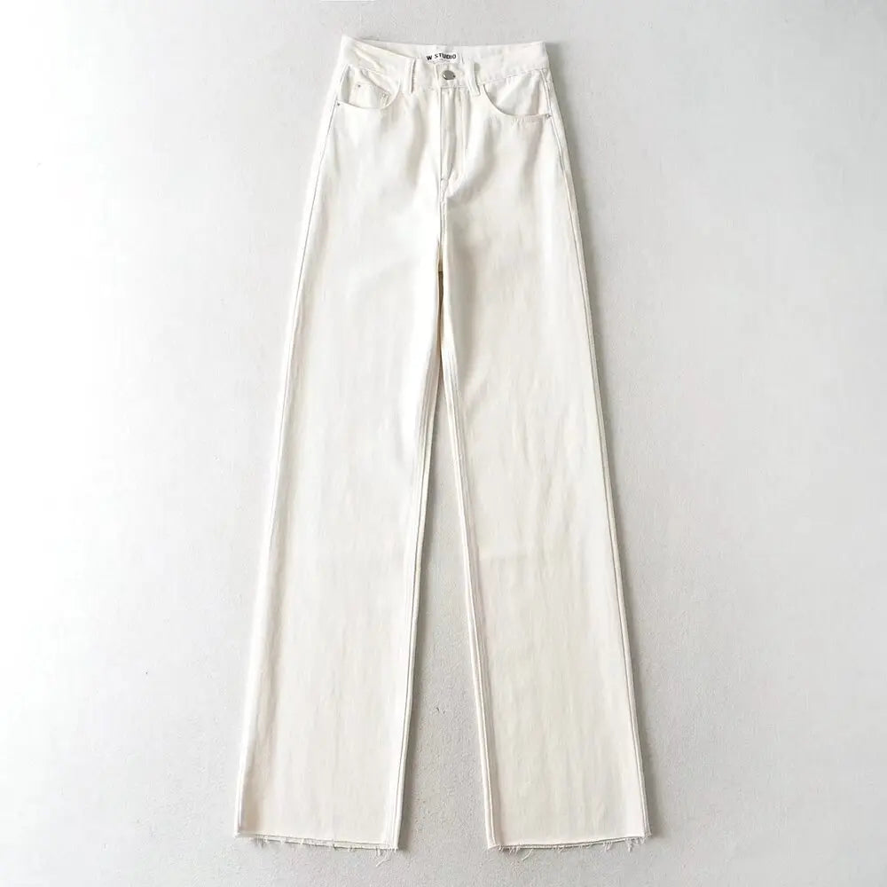 Jean Femme Taille Haute 2025 | Printemps-Automne | Décontracté Droit | Ourlet Brut Longueur Sol | Vintage