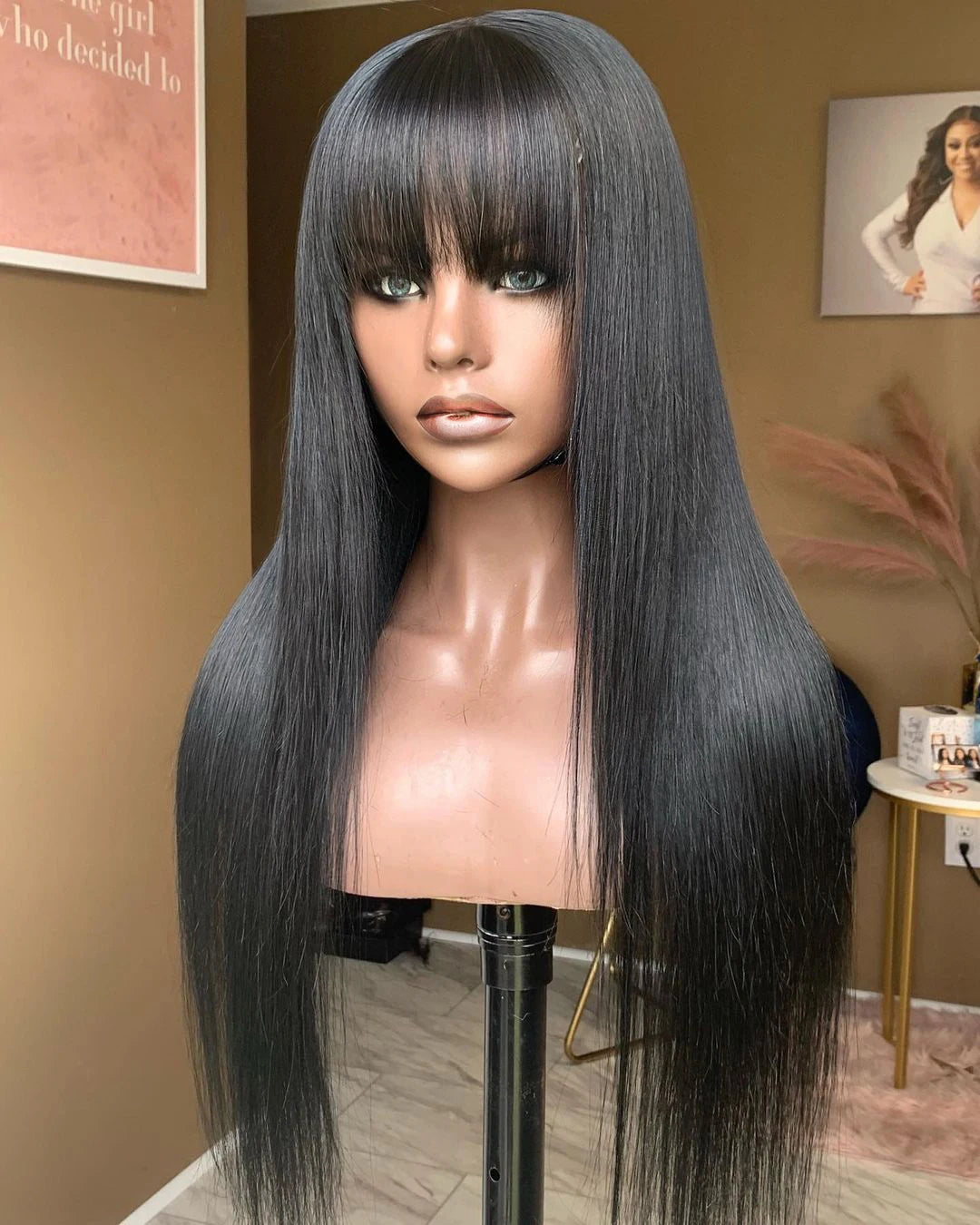 Perruque Lisse Avec Frange | 100% Cheveux Humains Brésiliens | Longue | Noire | Machine Made