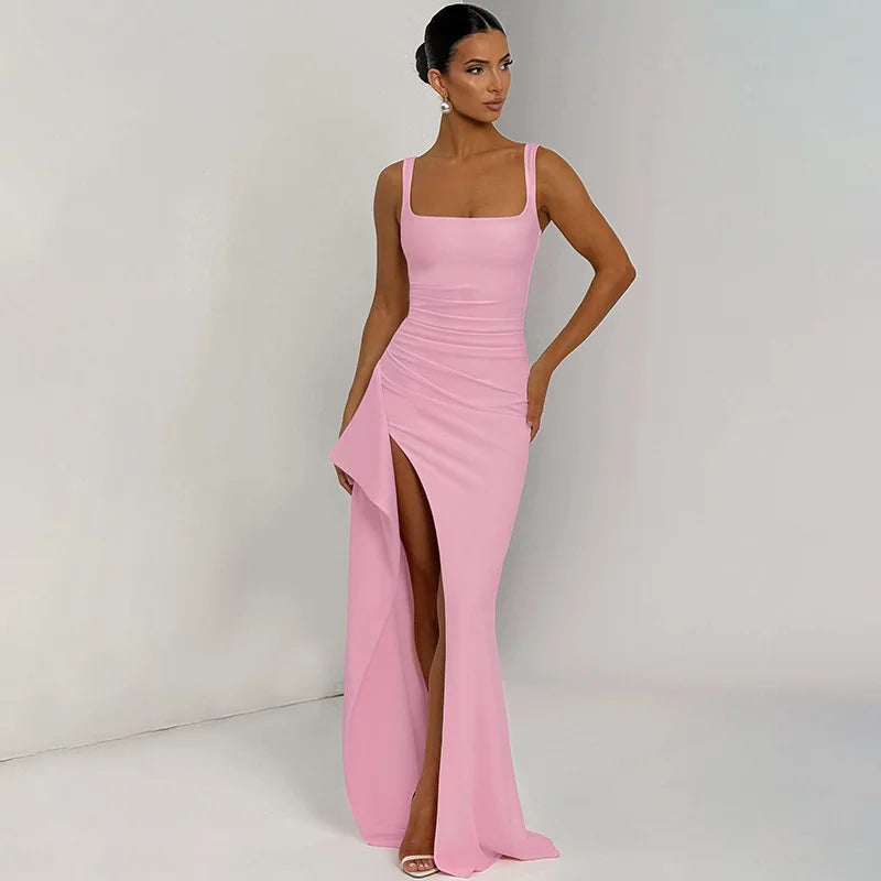 Robe Midi Bodycon Soirée Femme | Bretelles Spaghetti | Col Carré Fente | Sexy Formelle Prom | Longue Gala