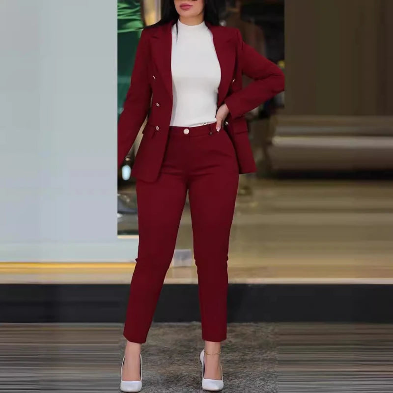 Pants Sets Two Piece Women Cardigan Blazer Double Breasted Slim Fit Pencil Pants Pockets Solid Casual Suits Outwear Spring 2025