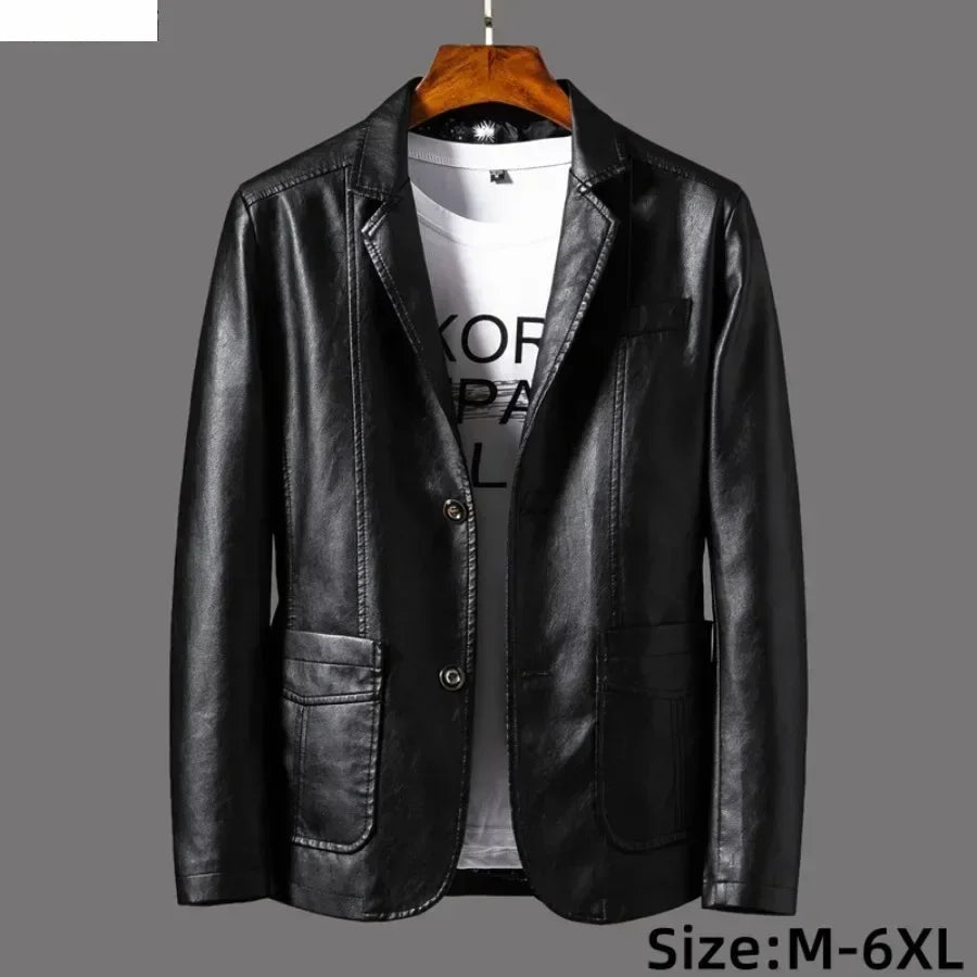 New Leather Jacket Men's Business Casual Lapel PU Leather Blazers Fashion Solid Slim Korean Style Leather Coat Big Size 6XL