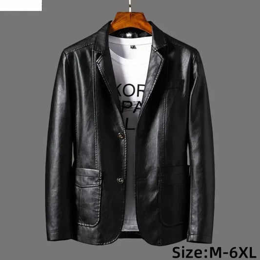 New Leather Jacket Men's Business Casual Lapel PU Leather Blazers Fashion Solid Slim Korean Style Leather Coat Big Size 6XL