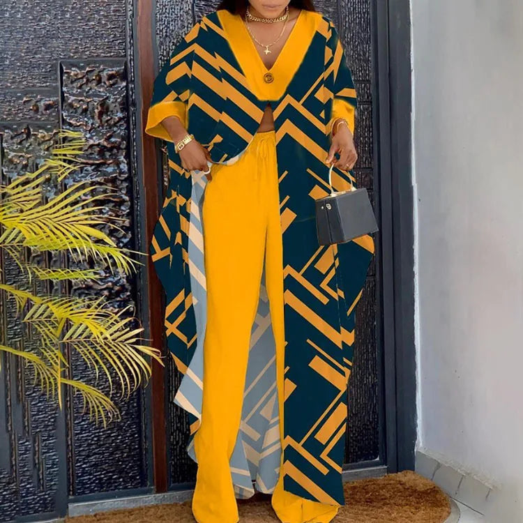 Plus Size Two-piece Set Women's Outfits Elegant V-neck Button-up Printed Seven-quarter Sleeve Blouse and Drawstring Pants Suit