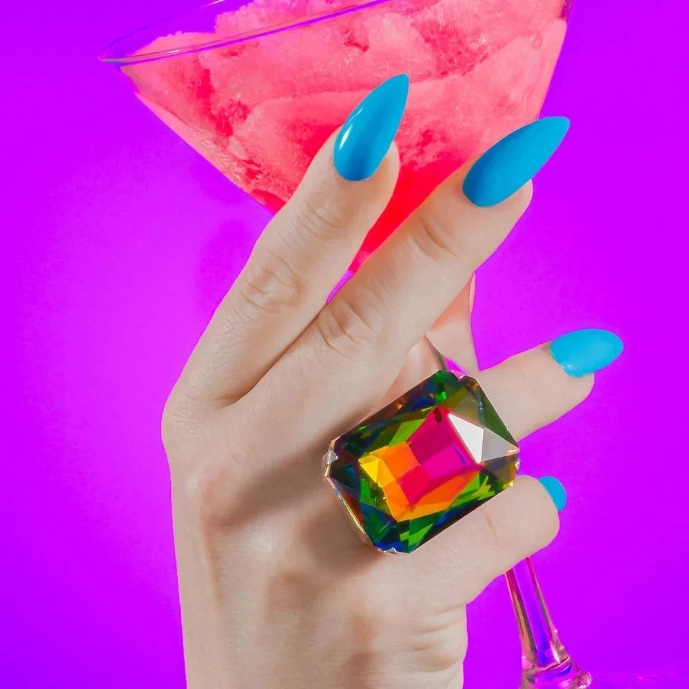 Bague Grand Cristal Rectangle Exagéré | Coloré Champagne | Ajustable Statement | Bijou Femme