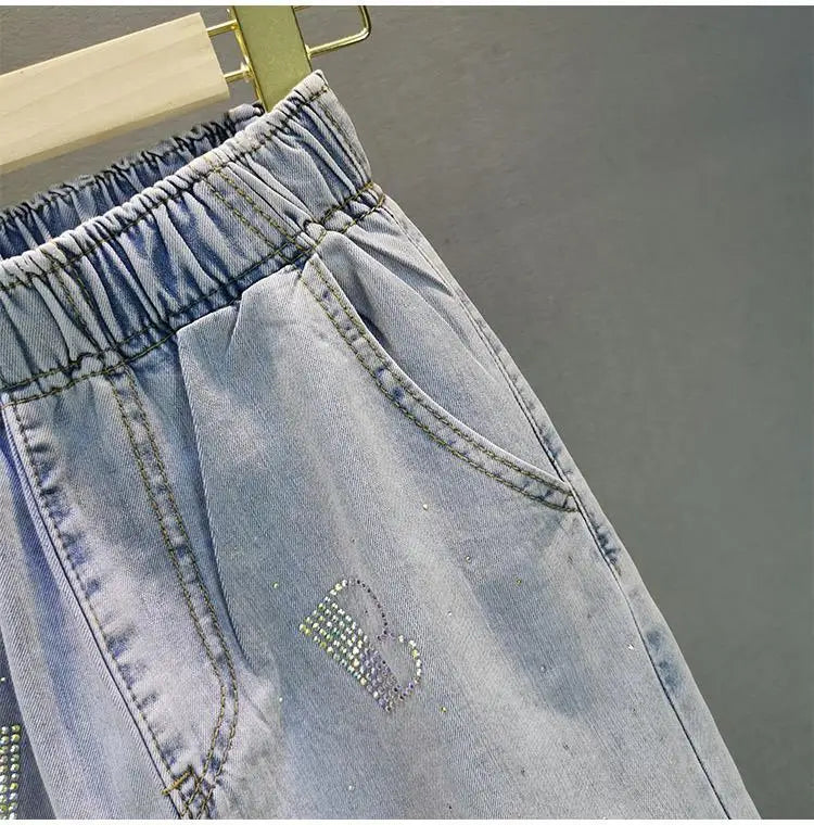 High-Waisted Jeans For Summer 2026 New Loose Elastic Waist Hot-Pressed Diamond Pants Women's Casual Denim Trousers