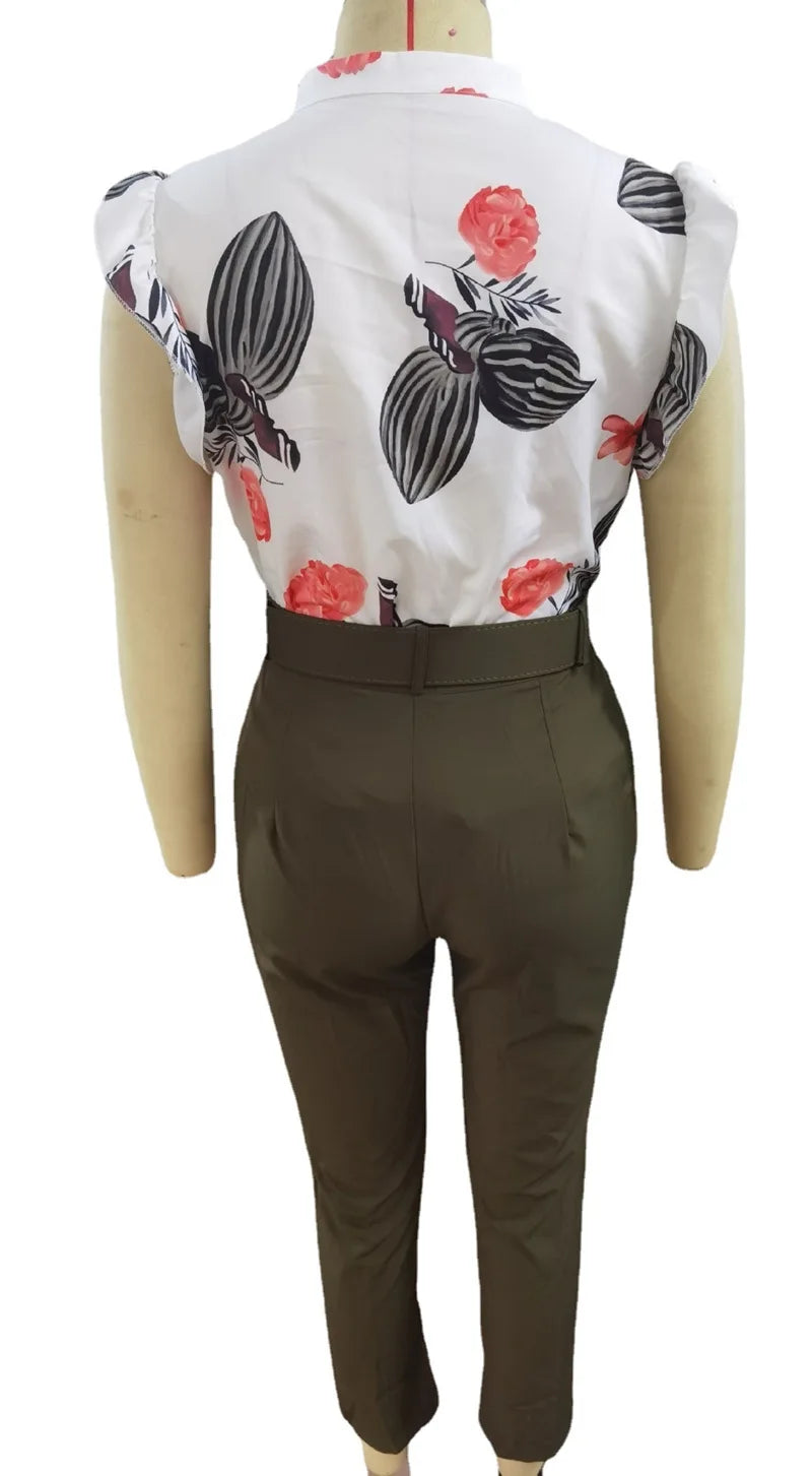 Women's Elegant Slim Two-Piece Sets Summer Fashion Print V Neck Button Flying Sleeve Shirt Top & Solid Long Pants Suits With Belt