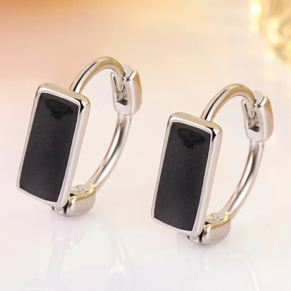 925 Sterling Silver Geometric Black Hoop Earrings for Women Wedding Party Jewelry Gift Pendientes Mujer Moda
