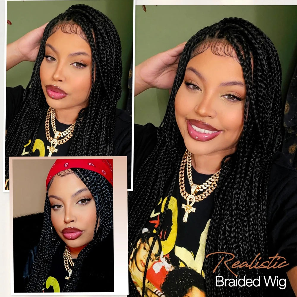 Boho Knotless Box Braided Wigs Full Double Lace Short Braid Wig for Black Women Human Hair Blended Braided Wig with Boho Curls