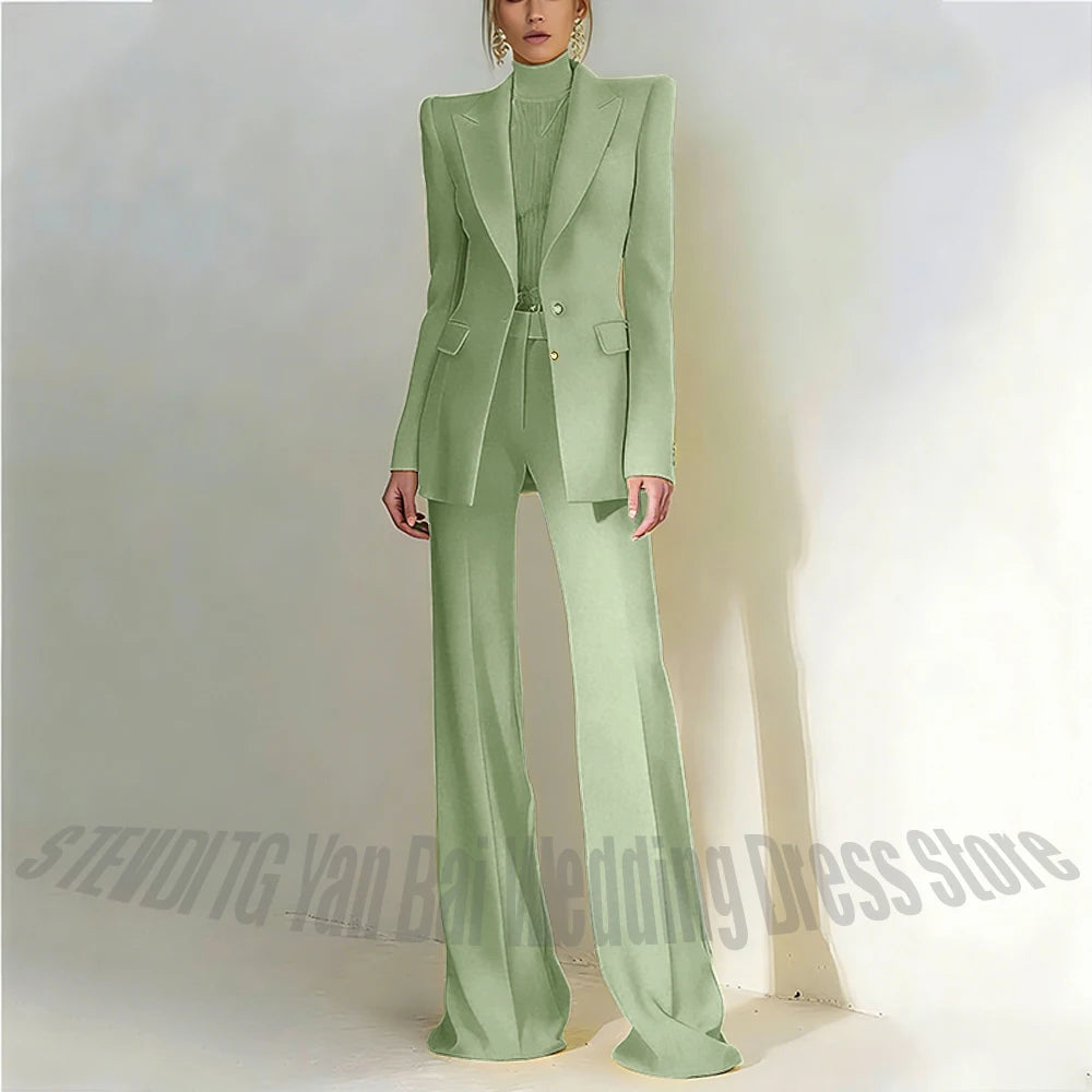 Women's Pant Suit 2 Piece Set Office Female Business Work Formal Jacket Trouser One Button Chic Yellow Peaked Lapel Elegant Suit