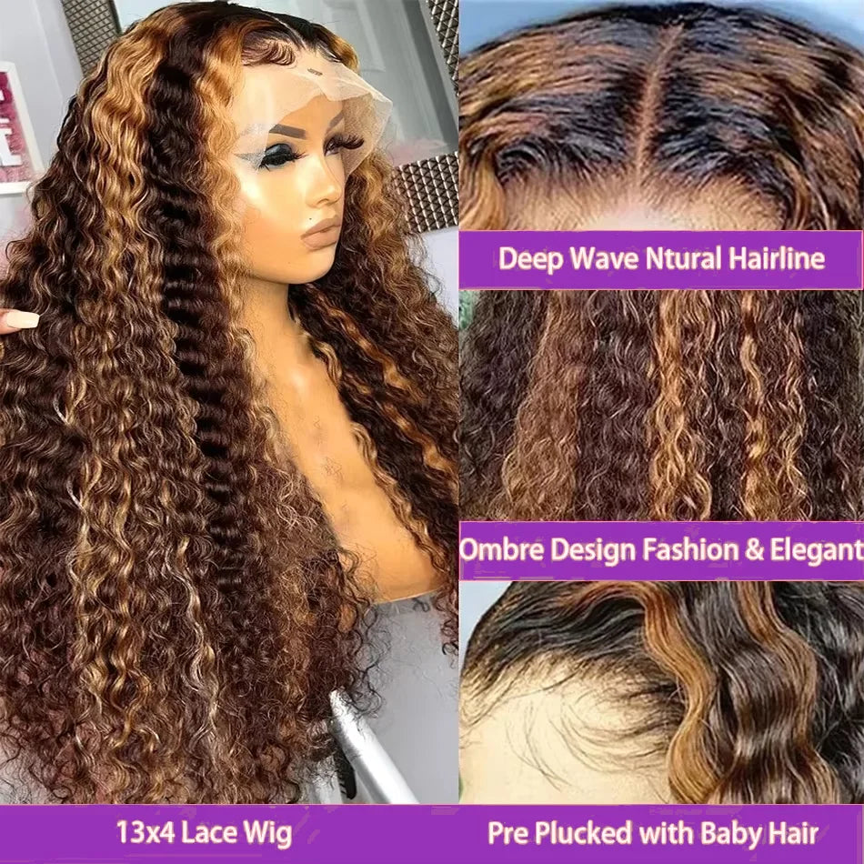 Perruque Deep Water Wave Highlight | Coloris 4/27 Miel Brun Ombré | 13x4 HD Lace Frontal | Cheveux Humains | Femme