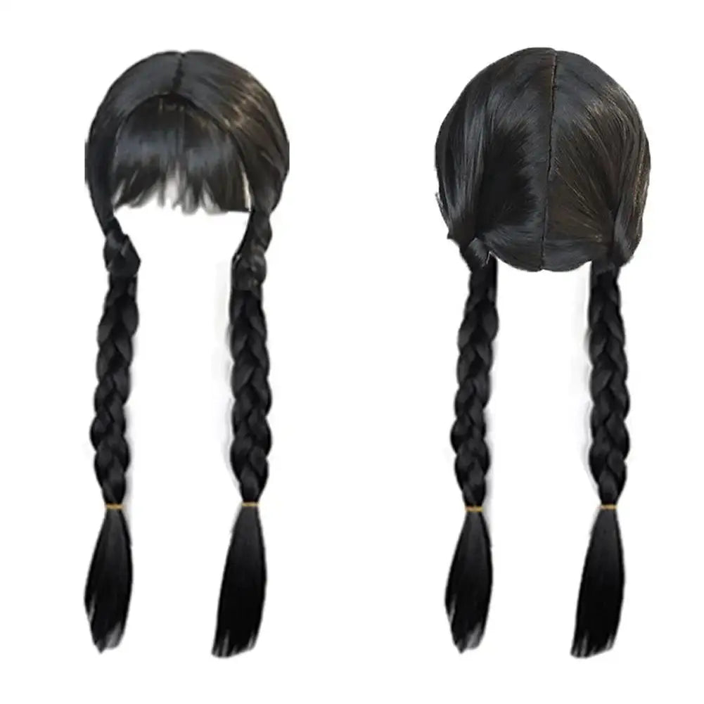 Double Ponytail Braided Wig For Wednesday Wigs Halloween Gothic Costume Braids Anime Double Black Synthetic Braided With Bangs