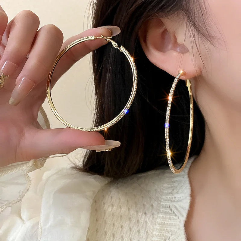 Grandes Boucles Créoles 30-80mm | Cristal Strass Cercle | Noir Or Argent | Femme Fille | Fête Cadeau