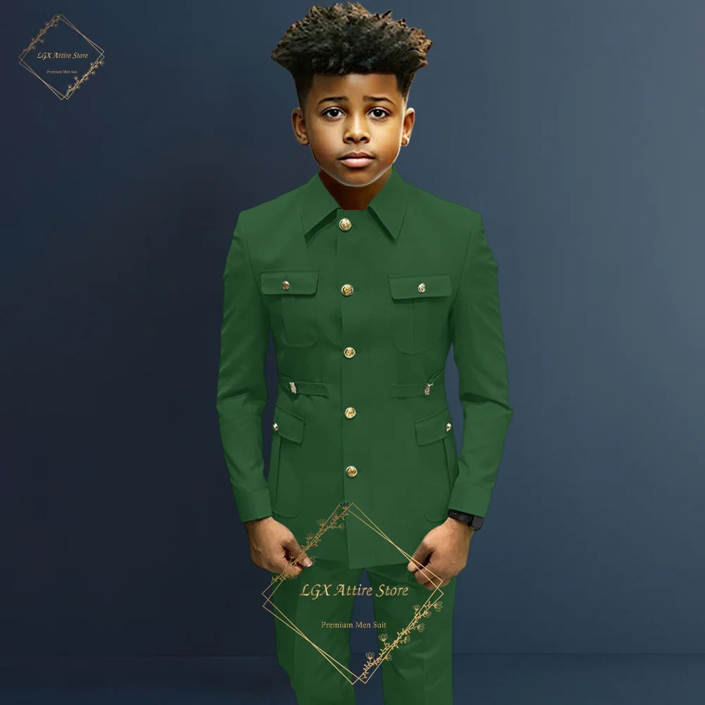Boys single-breasted formal 2-piece suit, boys Zhongshan suit style long coat classic design suitable for ages 2-16