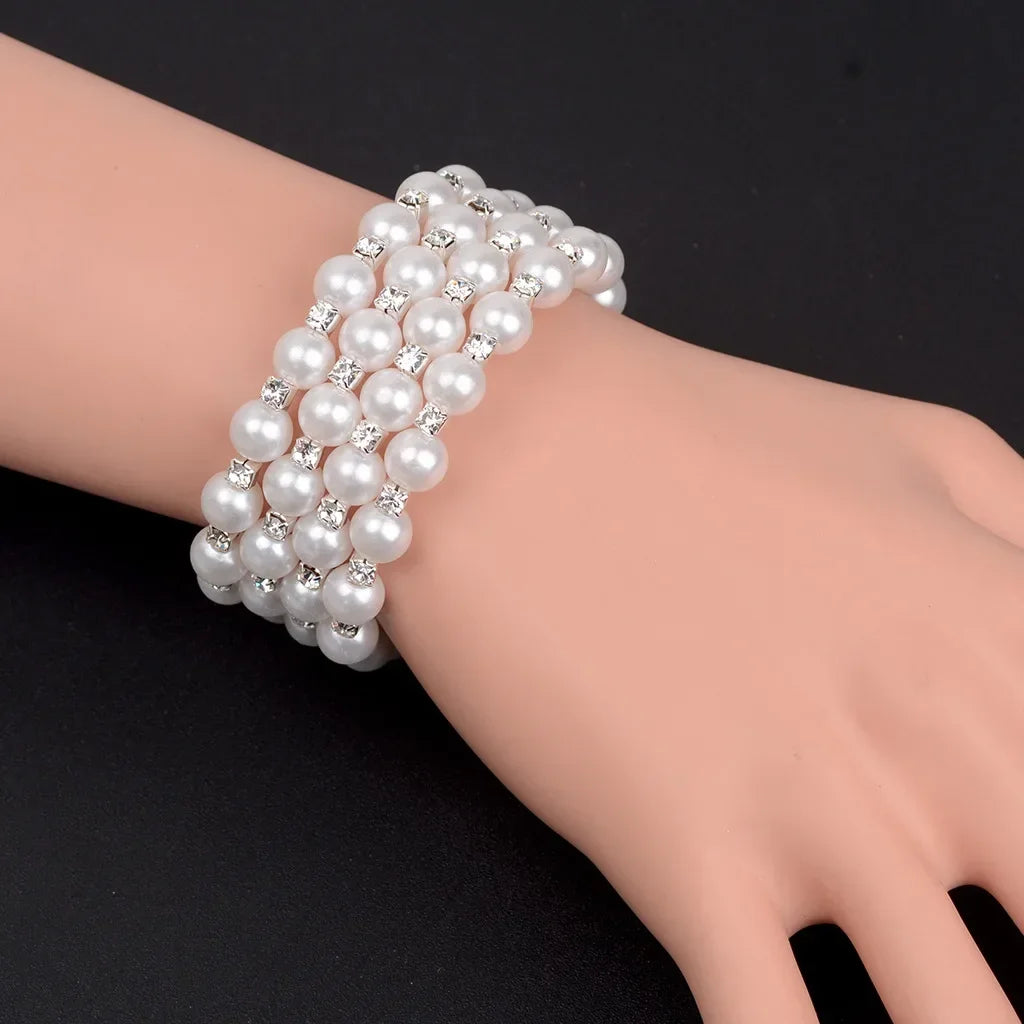 Elegant Multi-Layer Pearl Bracelet Adjustable Crystal Beaded Bangle for Women Wristband Bridal Jewelry Weddings Party Gifts