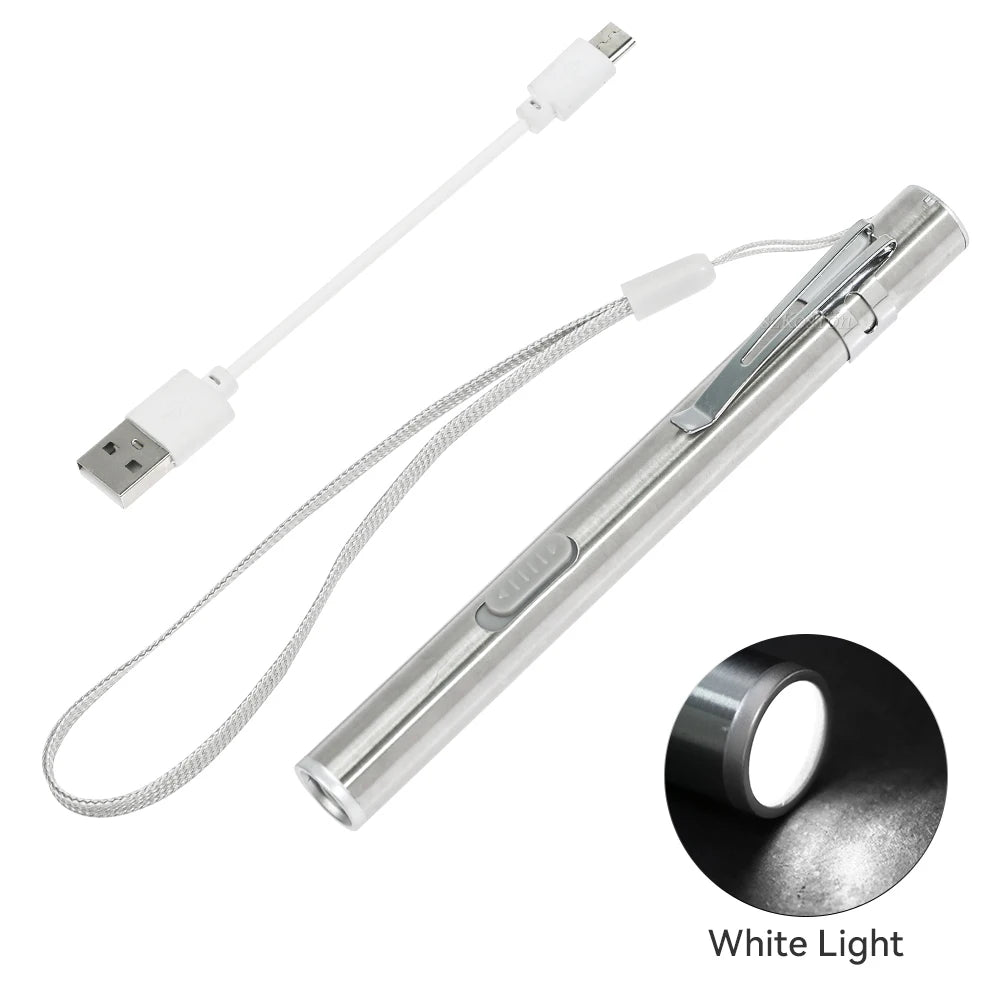 USB Rechargeable Portable Pen Light Handy Mini Medical Flashlight LED Torch Lamp with Stainless Steel Clip Pocket LED Lights