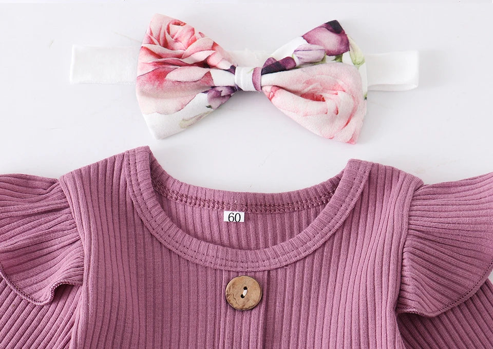 Newborn Baby Girl Clothes Set Solid Knitting Long Sleeve Tops Floral Print Pants Headband 3Pcs Outfits Casual Infant Clothing