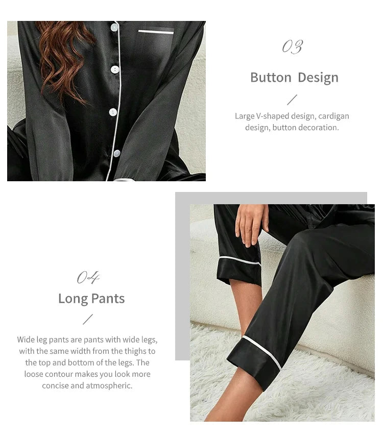 Plus Size Pajamas Women Fall and Winter Ice Silk Long Sleeve Two Piece Set Loungewear Nightwear Ladies Solid Color Sleepwear