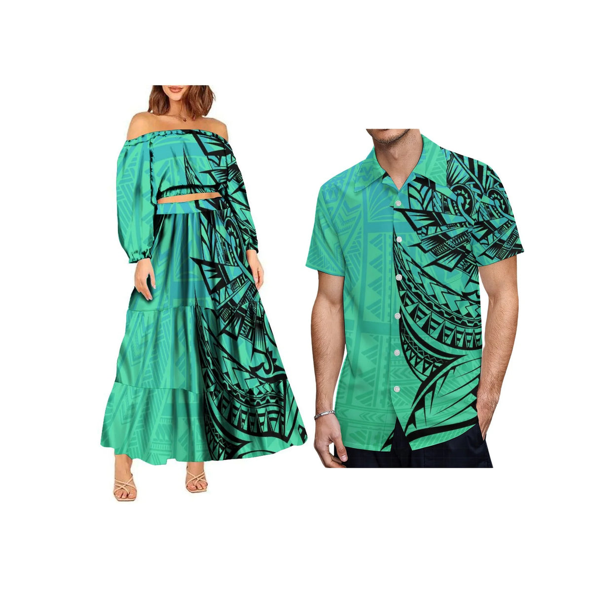 2024 Trendy 2 Piece Set Custom Polynesian Tribal One Shoulder Long Sleeve Crop Top Maxi Skirt Plus Size Women's Sets Dress