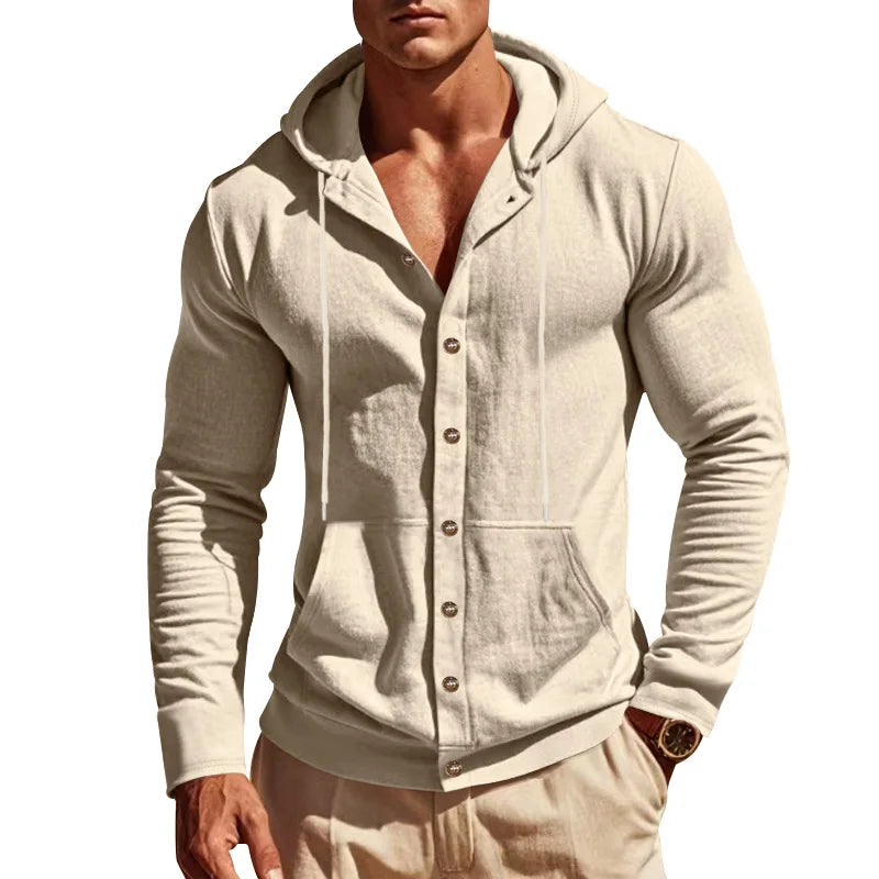 Men's Linen Hoodie Shirt Casual Slim Fit Hooded Long Sleeve Solid Button Down T-shirt Tops New Men Spring Summer Vacation Shirts