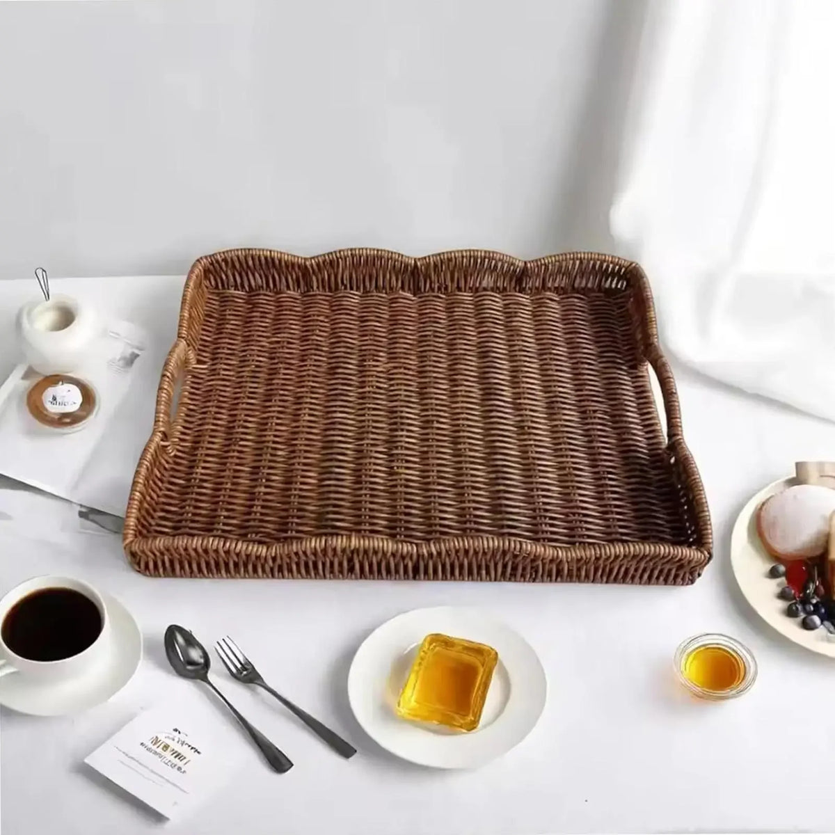 Woven Tray Imitation Rattan Sofa Decor Decorative Tray Basket For Remote Control Book Breakfast Living Room Bedroom Coffee Table