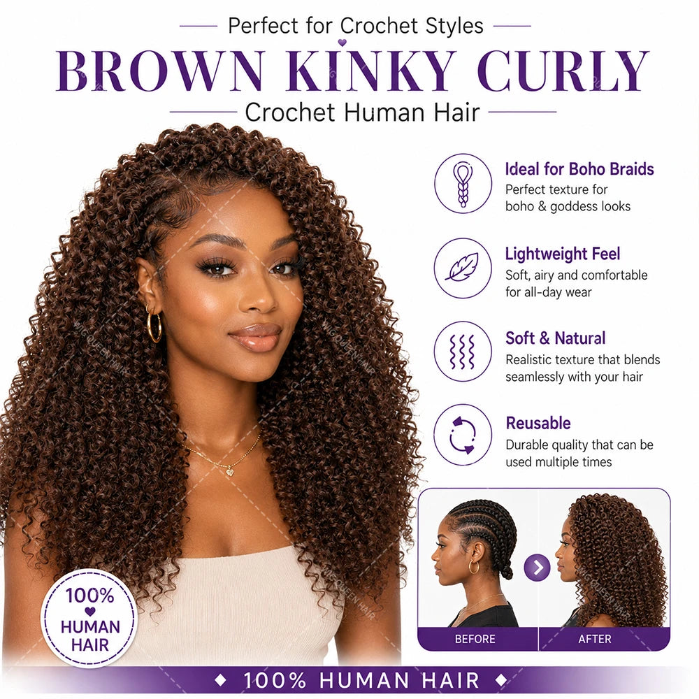 #4 Warm Brown Kinky Curly Crochet Human Hair Extensions Miracle Knots Pre Looped Easy Install Soft Natural Curly Texture