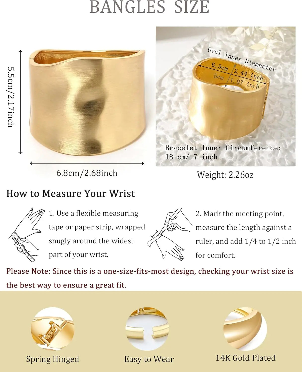 Bangle Bracelets for Women | 14K Gold Plated Trendy Wide Bracelets | Hinged Arm Cuff Bangles Chunky Bracelet for Women