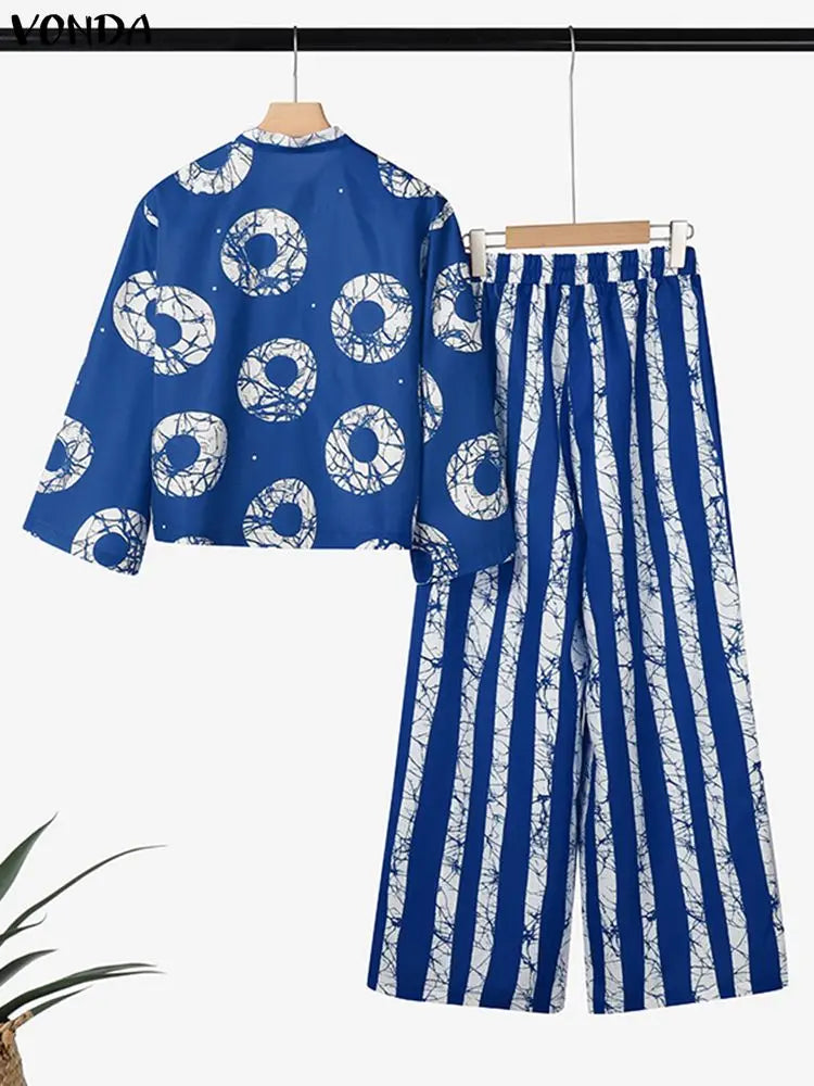 Ensemble 2 Pièces Grande Taille Femme 5XL | Boho Manches 3/4 | Chemise Imprimée & Pantalon Large | Vintage