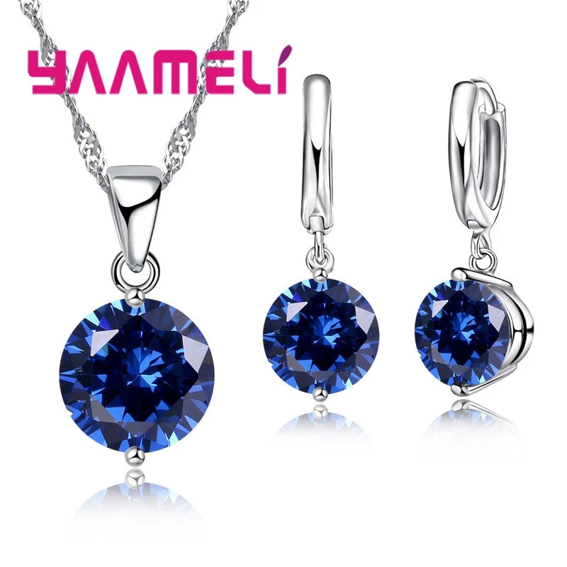 Parure Collier Pendentif & Huggies Argent 925 | CZ Autrichien Cristal | Mariage & Fiçailles | Femme Fille Cadeau