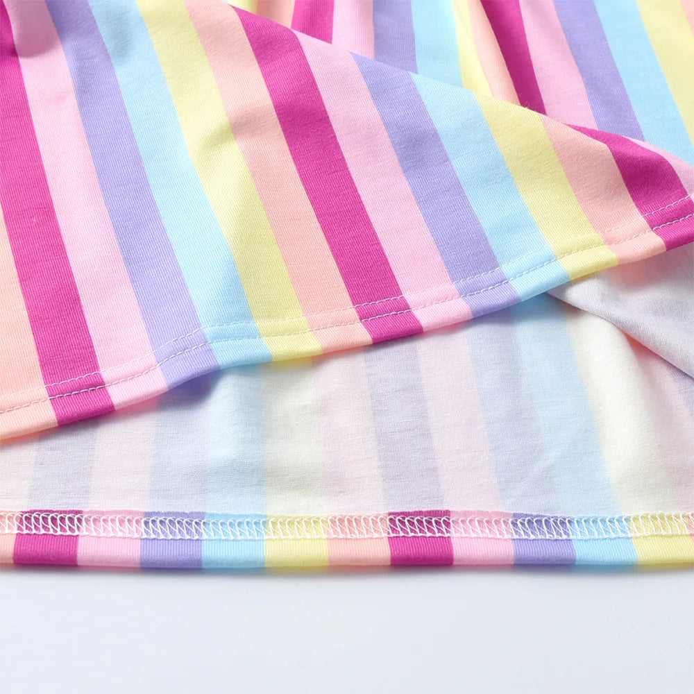 Girls Squirrel Embroidery Dress Kids Ruffle Sleeve Pink Cotton Casual Straight Dress Girl Rainbow Striped Cute Daily Wear Outfit