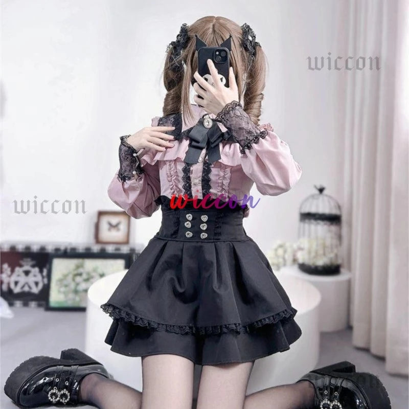 Jirai Kei Outfit Lolita Girls Shirt Skirt Set Women Kawaii Bow Long Sleeve Y2K Casual Aesthetic Shirt Japanese Style Women