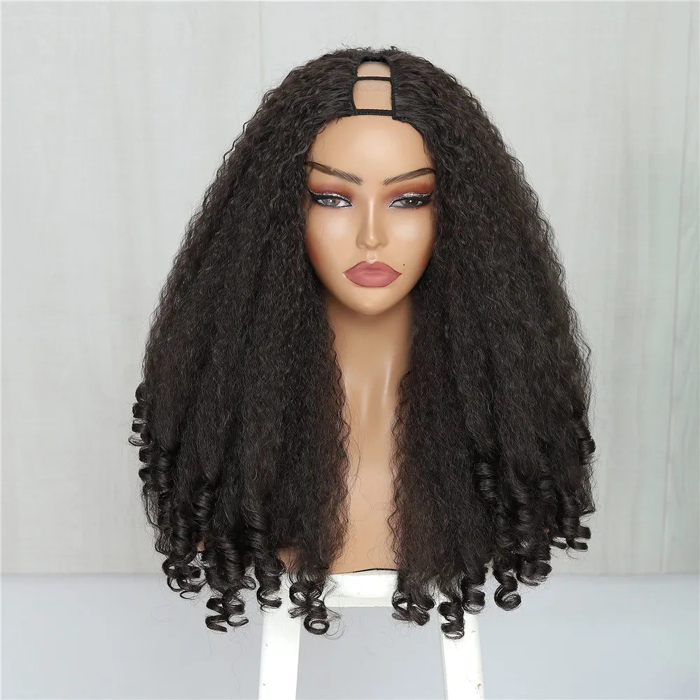 X-TRESS Afro Curly V Part Wig with Bouncy Curls Synthetic Kinky Straight Glueless Hair for Women No Leave out Clip in Half Wig