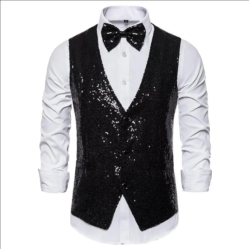 Luxury Vest for Men V-neck Slim Sparkling Tailcoat Solid Plain Waistcoat Bowtie Set Wedding Party Formal Sleeveless Jacket