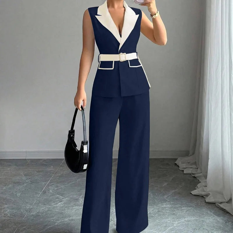 Ensemble gilet blazer sans manches élégant pour femme avec pantalon large et ceinture